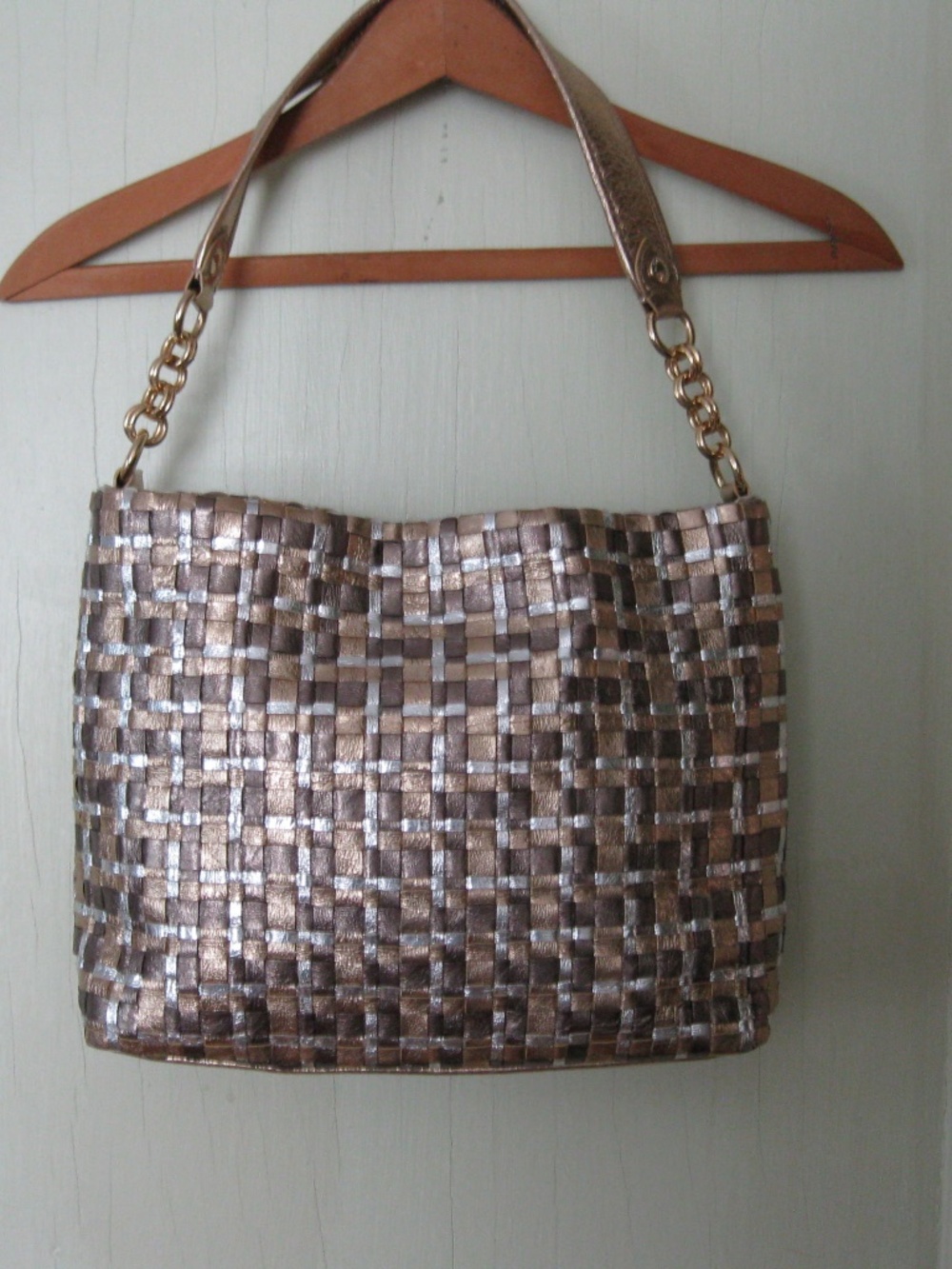 Elliott Lucca woven leather gold, silver and tan metallic shoulder bag